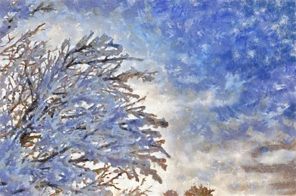 Χειμωνιάτικο Δάσος Που Καλύπτεται Από Χιόνι Ελαιογραφία — Φωτογραφία Αρχείου