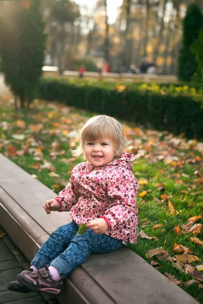 Pequeña linda chica alegre 1 año de edad en el parque de otoño con amarillo —  Fotos de Stock