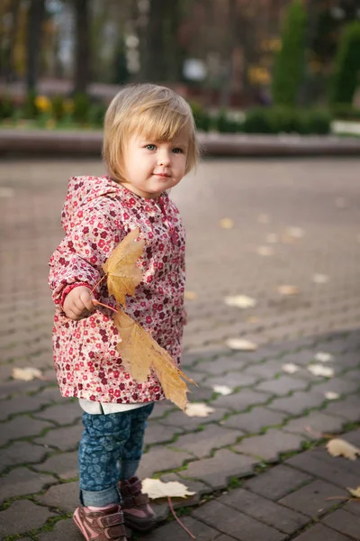 Malá roztomilá, veselá dívka 1 rok stará v podzimním parku se žlutou — Stock fotografie