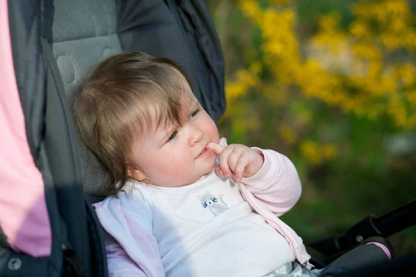 Bebé niña en una blusa rosa en un cochecito dedo en la boca — Foto de Stock