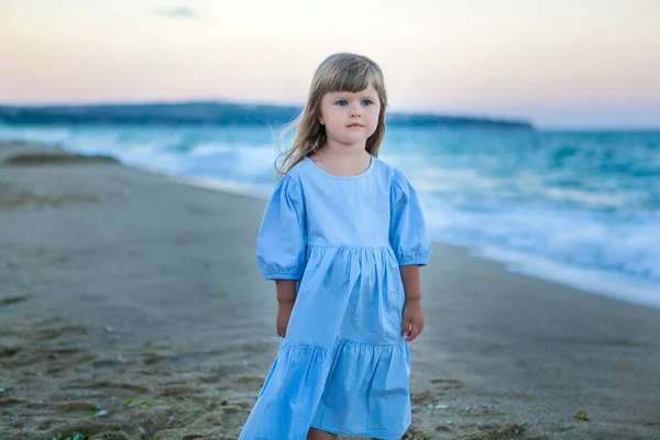 Cute Girl Seashore Sunset Blue Dress — Stock Photo, Image