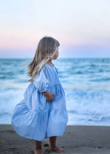 青いドレスに身を包んだ夕日の海岸の可愛い女の子 ロイヤリティフリーのストック写真