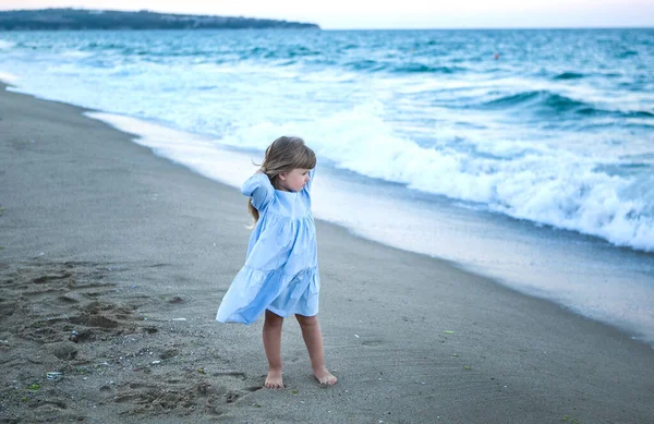 青いドレスに身を包んだ夕日の海岸の可愛い女の子 ストック写真