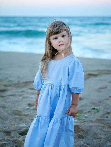 青いドレスに身を包んだ夕日の海岸の可愛い女の子 ストック画像
