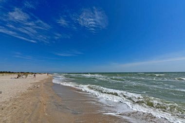 Ukrayna, Berdyansk Tükürüğü 08 / 12 / 2018 yıl. Azov Denizi, Doğu Avrupa 'da Ukrayna ve Rusya kıyılarını yıkayan yarı kapalı bir Atlantik Okyanusu denizi..
