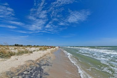 Ukrayna, Berdyansk Tükürüğü 08 / 12 / 2018 yıl. Azov Denizi, Doğu Avrupa 'da Ukrayna ve Rusya kıyılarını yıkayan yarı kapalı bir Atlantik Okyanusu denizi..