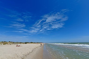 Ukrayna, Berdyansk Tükürüğü 08 / 12 / 2018 yıl. Azov Denizi, Doğu Avrupa 'da Ukrayna ve Rusya kıyılarını yıkayan yarı kapalı bir Atlantik Okyanusu denizi..