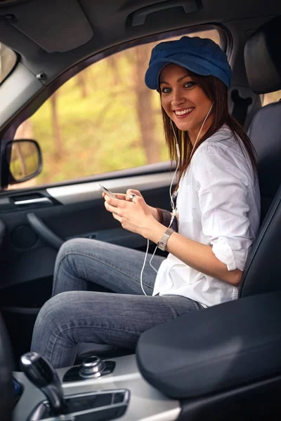 Smiling Girl Listening Music Headphones Moving Car — Stock Photo, Image