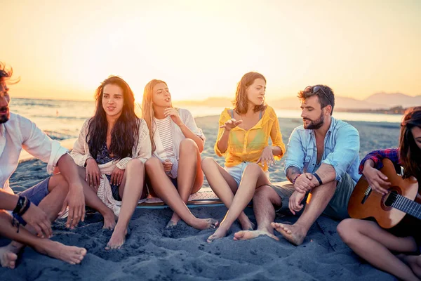 Fête Sur Plage Groupe Amis Heureux Profiter Ensemble Plage — Photo