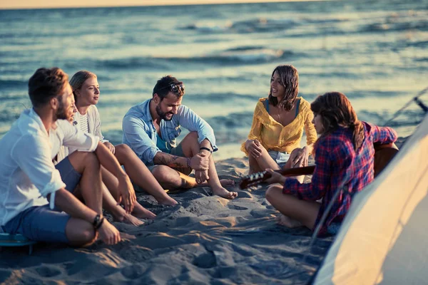 小组微笑的年轻朋友与吉他在海滩乐趣 — 图库照片