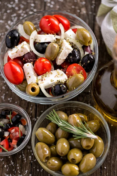 Greek Salad Fresh Vegetables Feta Cheese Green Olives Wooden Table — Stock Photo, Image