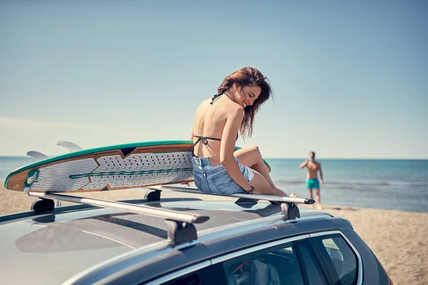 Beautiful Surfer Girl Sitting Car Getting Ready Surfing Stock Photo