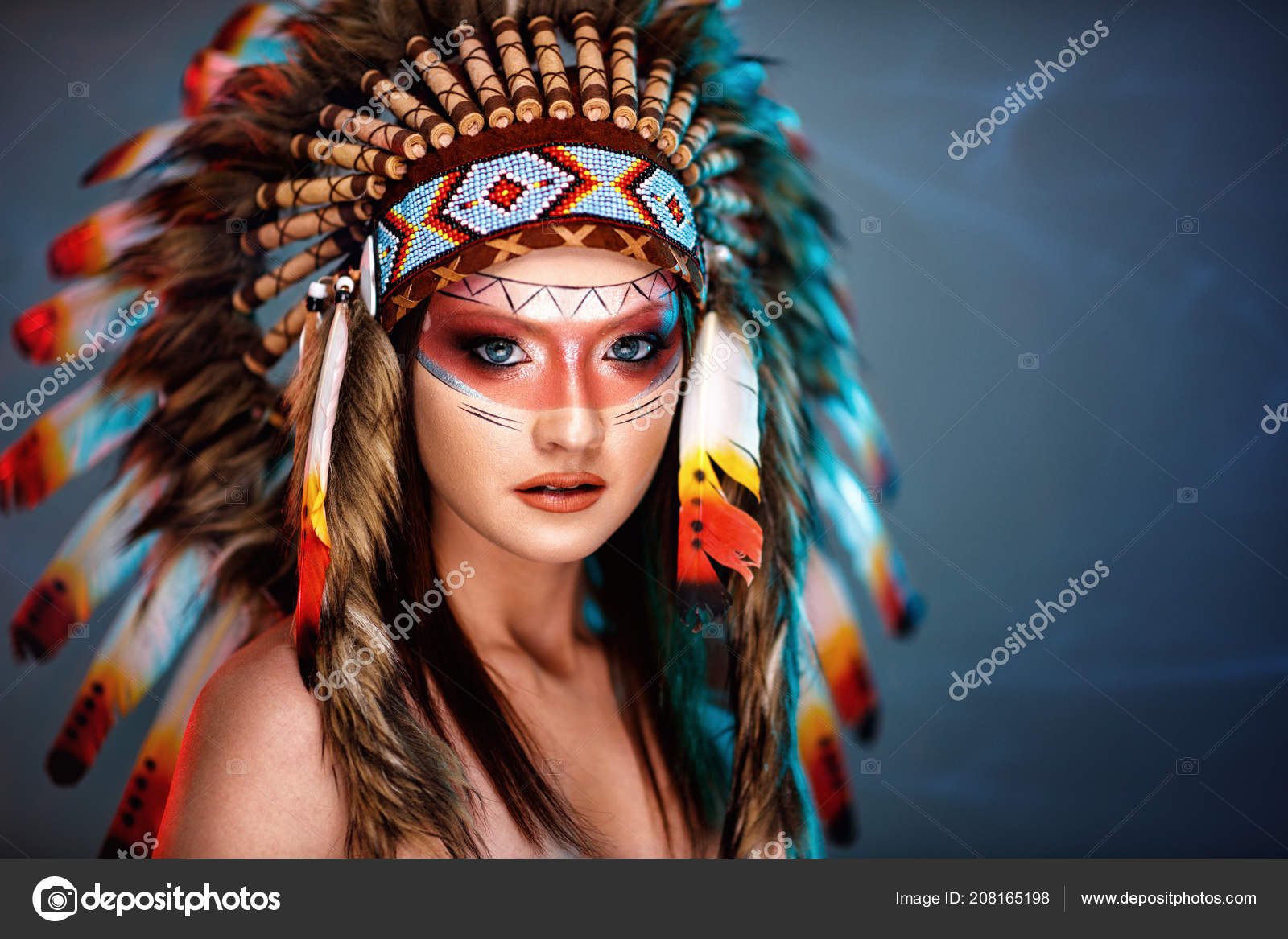 Premium Photo  A woman in a native american costume with feathers on her  head.