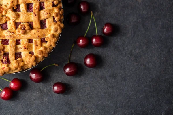 Tarte Aux Cerises Cerise Fraîche Vue Dessus Copier Espace — Photo