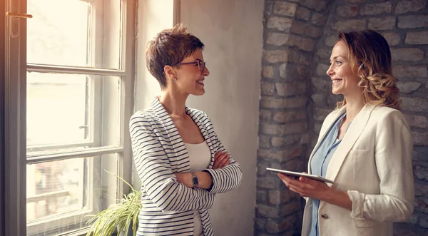 Mujeres Negocios Sonrientes Intercambiando Ideas Reunión — Foto de Stock