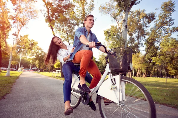 Happy Funny Couple Riding Bicycle Autumn — Stock Photo, Image