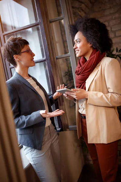 Jonge Collega Kijken Naar Tablet Informele Bijeenkomst Het Kantoor — Stockfoto