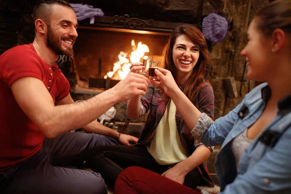 Amigos Felices Brindando Con Vasos Bebida Casa Con Fuego Chimenea —  Fotos de Stock