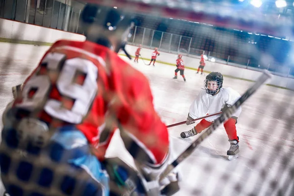 Partido Hockey Jugador Pista Dispara Disco Ataca Portero —  Fotos de Stock