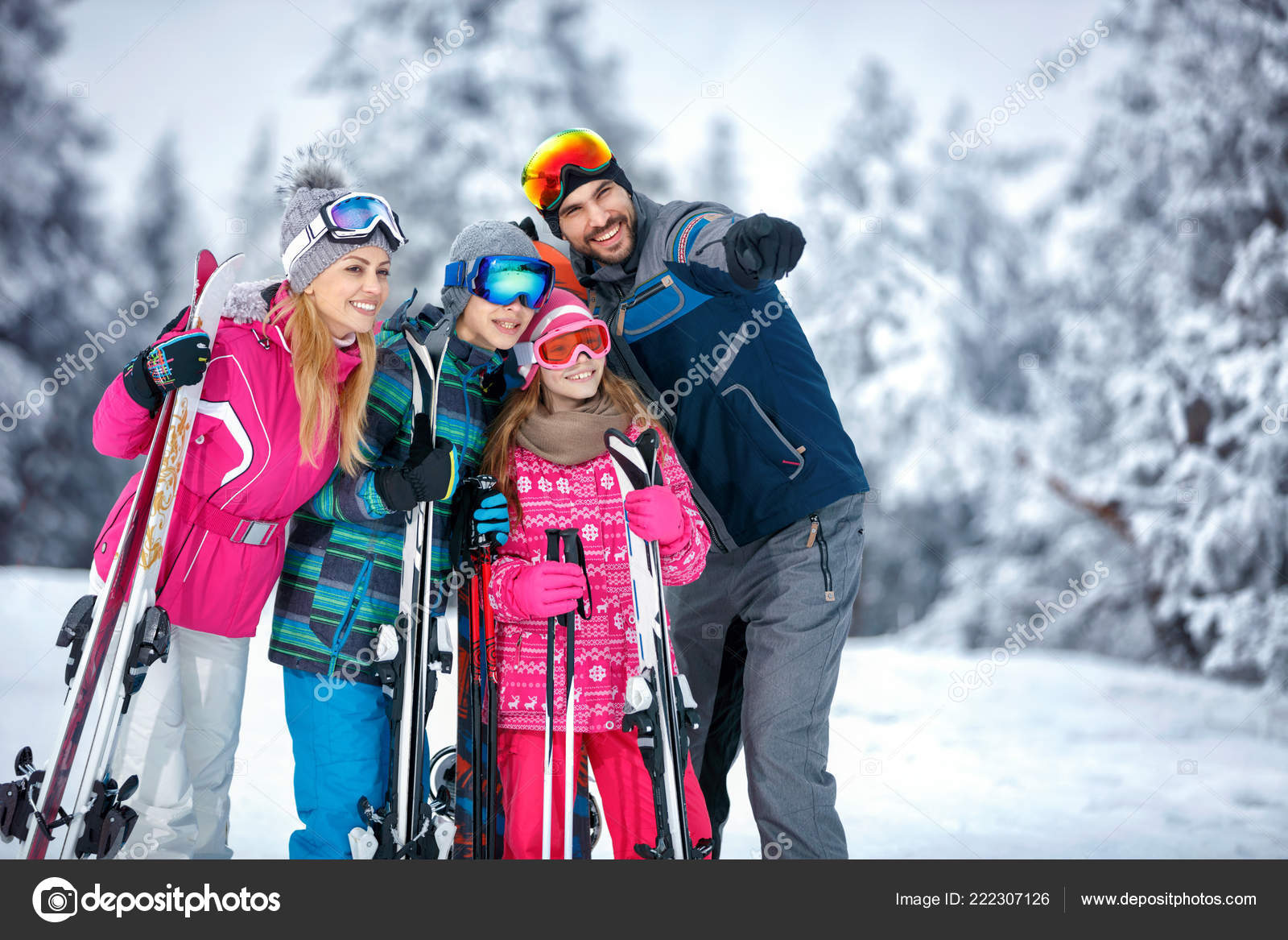 Extreme Winter Sports Smiling Man Hiking Forest Stock Photo by