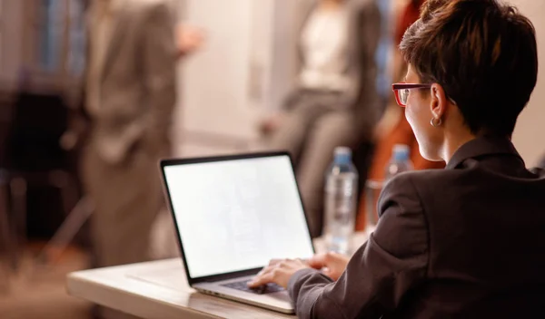 Donna Affari Successo Che Lavora Computer Portatile — Foto Stock