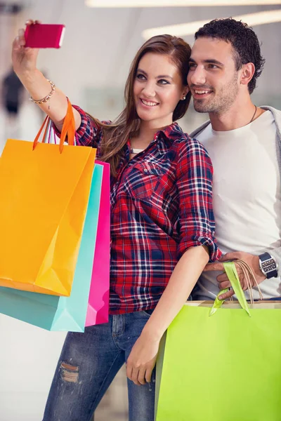 Smiling Young Couple Looking Mobile Phone — Stock Photo, Image