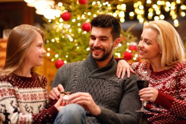 genç gülümseyen aile kutlama Noel evde