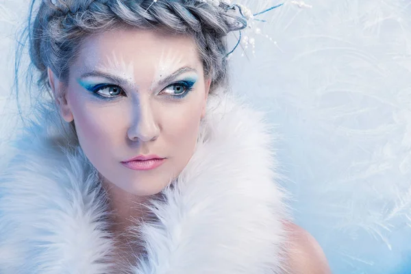 Vackra Vinter Kvinna Vit Päls — Stockfoto