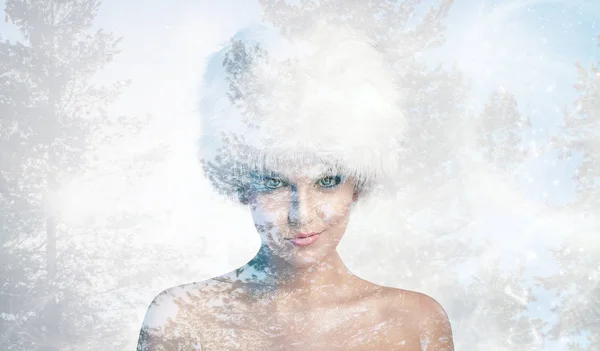 Cheerful Naked Woman White Winter Hat — Stock Photo, Image