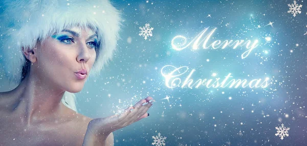 Snow Queen Blowing Merry Christmas — Stock Photo, Image