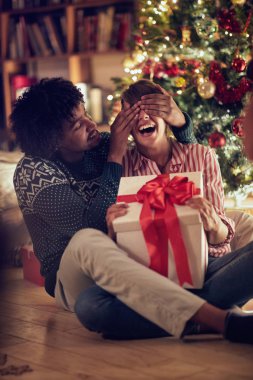 romantik sürpriz Noel tatil genç erkek ve kadın, hediye için