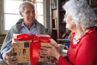 Noel hediyeleri evde alışverişi gülümseyen kıdemli çift
