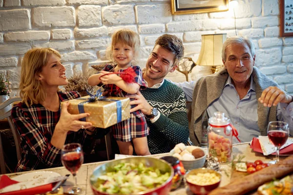 Happy Family Having Dinner Home Celebration Holiday Exchange Present Together — Stock Photo, Image