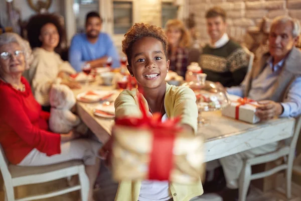 Cute African Girl Giving Mas Present — Stock Photo, Image