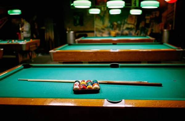 Billiard game- snooker balls on green table beginning gam