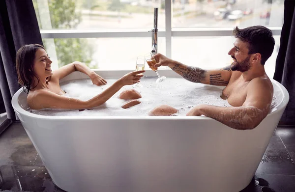 Smiling Young Man Woman Have Fun Together Bathtub Drinking Champagn — Stock Photo, Image