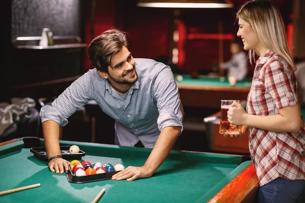 Couple Dating Playing Billiard Together Pub — Stock Photo, Image