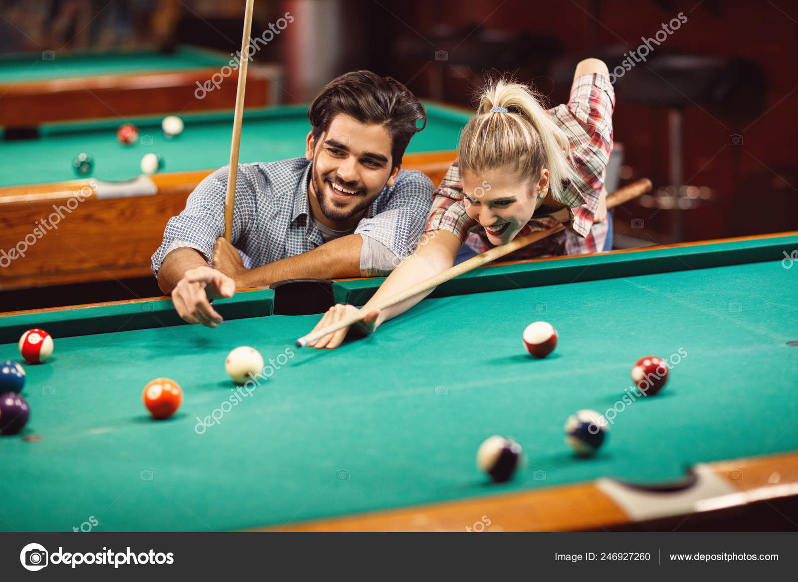 Smiling Couple Dating Spending Time Together Playing Billiar Stock