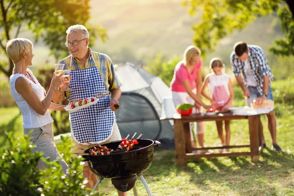 Abuelos bebiendo vino y haciendo barbacoa — Foto de Stock