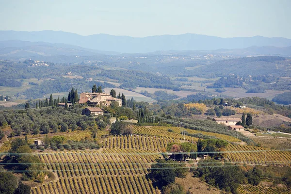 Paisaje panorámico de la bandera con viñedos y casas en Italia, E — Foto de Stock