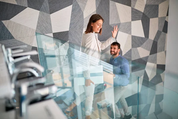 Business concept: businesswoman walking up the stair — Stock Photo, Image