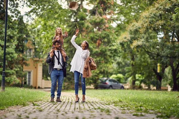 Happy family walking from school and having fun — Stock Photo, Image