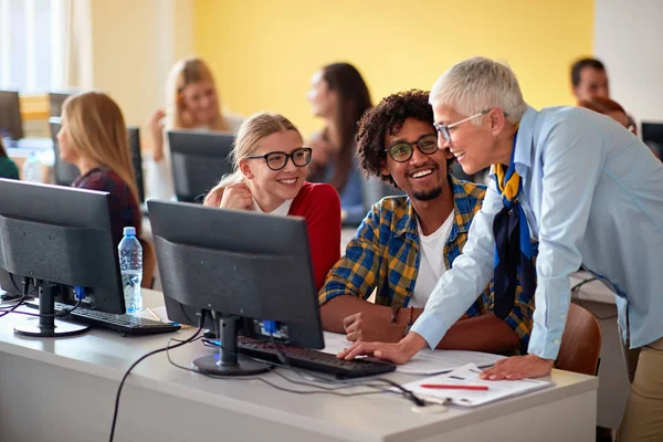 Dozentin im Computerkurs assistiert Gruppe von Studenten — Stockfoto