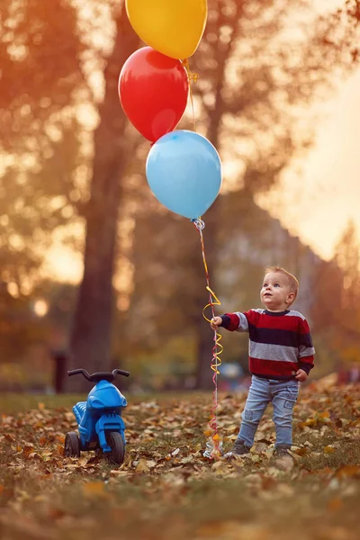 Petit garçon marche dans le parc avec des ballons — Photo