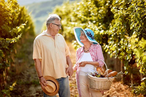 Asma sıraları arasında yürüyen yaşlı çift