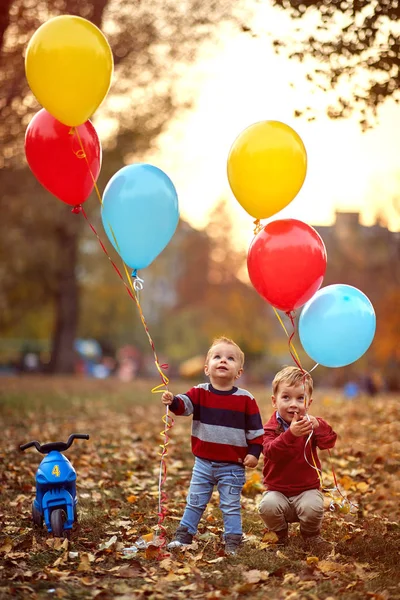 Bambino ragazzo con un mucchio di palloncini tra le mani nel parco giallo autunno — Foto Stock
