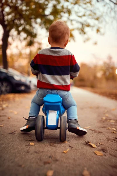 Schattige jongen, peuter kind, Paardrijden fiets buiten — Stockfoto