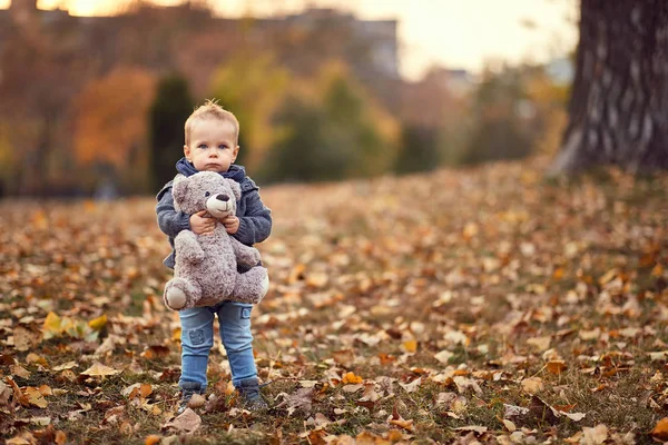 Gelukkig kind spelen, glimlachen en plezier hebben in het herfst stadspark. — Stockfoto