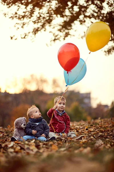 Mały chłopiec. Złota jesień. Słoneczny dzień. szczęśliwy bracia bawiąc się z balonami w parku — Zdjęcie stockowe