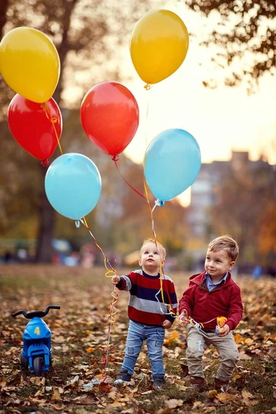 Fratelli felici che giocano insieme nel parco autunnale con palloncini — Foto Stock